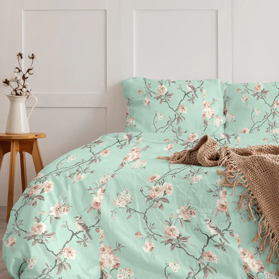 Bedsheet Set - 300TC Cherry Blossom - Mustard Yellow, Green, White - Single & King - Size Single