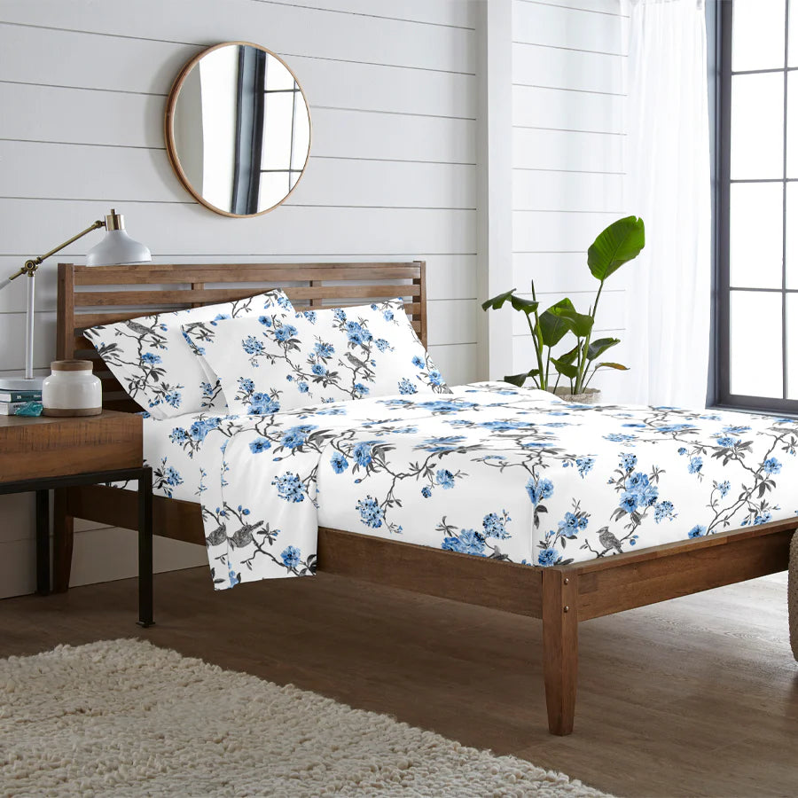Bedsheet Set - 300TC Cherry Blossom - White - Single & King