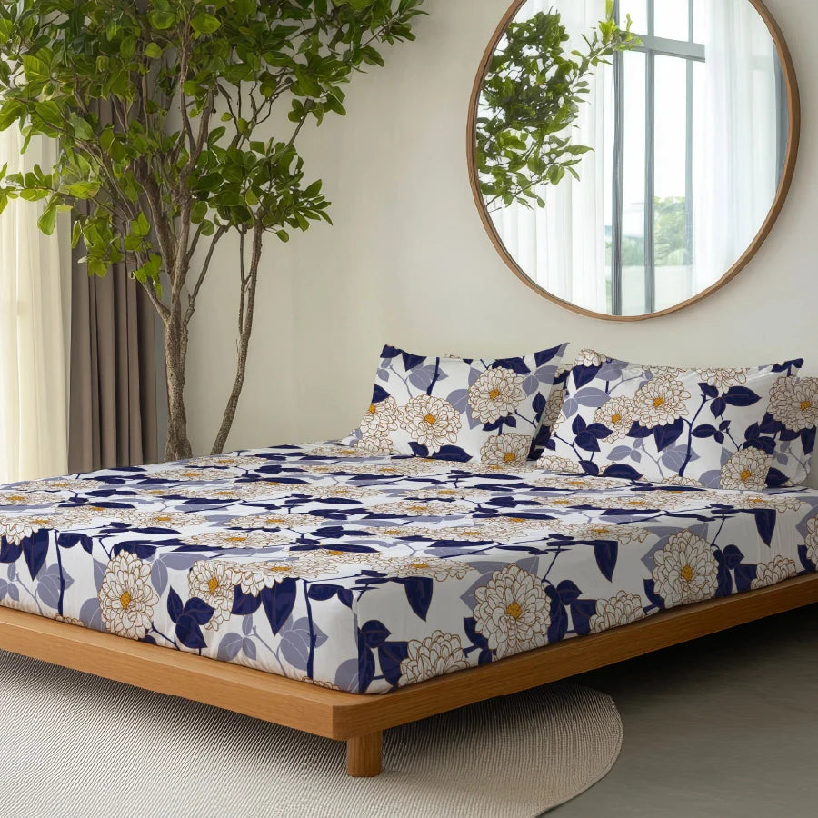 Bedsheet Set - Dahlia Range Dark Blue - Single & King - 200TC - Size Single