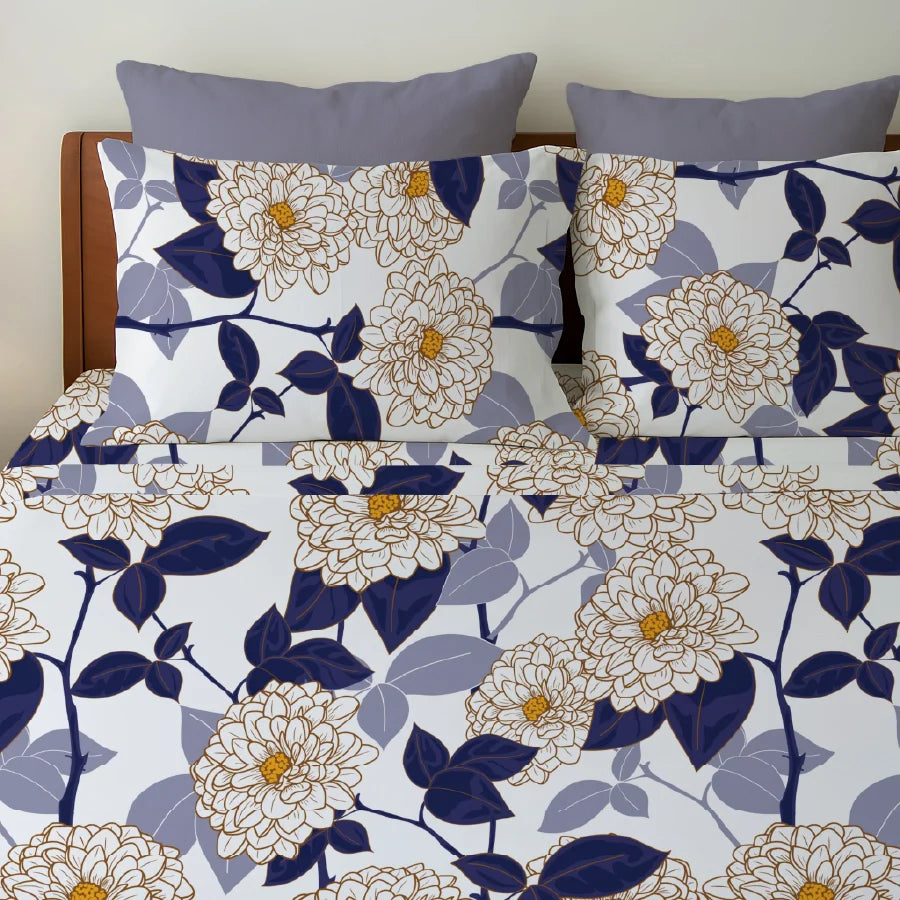Bedsheet Set - Dahlia Range Dark Blue - Single & King - 200TC - Size Single
