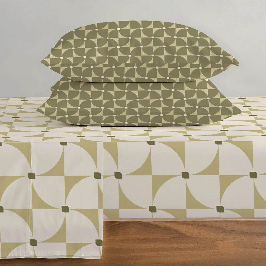 Bedsheet Set - Geo Floral - Geo Floral Beige, Geo Floral Green - Single & King - 200TC - Size Single