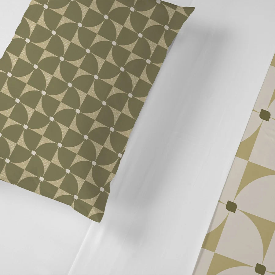 Bedsheet Set - Geo Floral - Geo Floral Beige, Geo Floral Green - Single & King - 200TC - Size Single