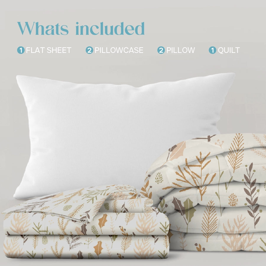 Bedding Bundle - Bedsheet Set with Quilt & Pillows - Harvest Leaves - Harvest_Leaves - King - 200TC