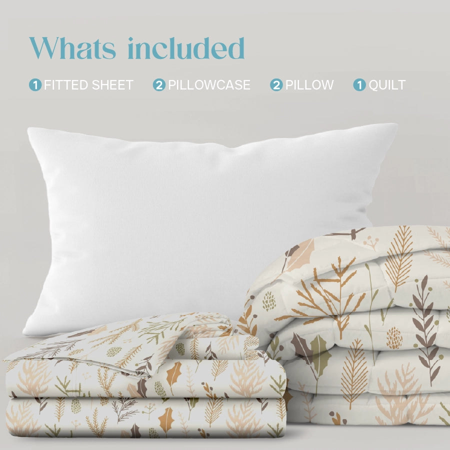 Bedding Bundle - Fitted Sheet Set with Quilt & Pillows - Harvest Leaves - Harvest_Leaves - Queen & King - 200TC