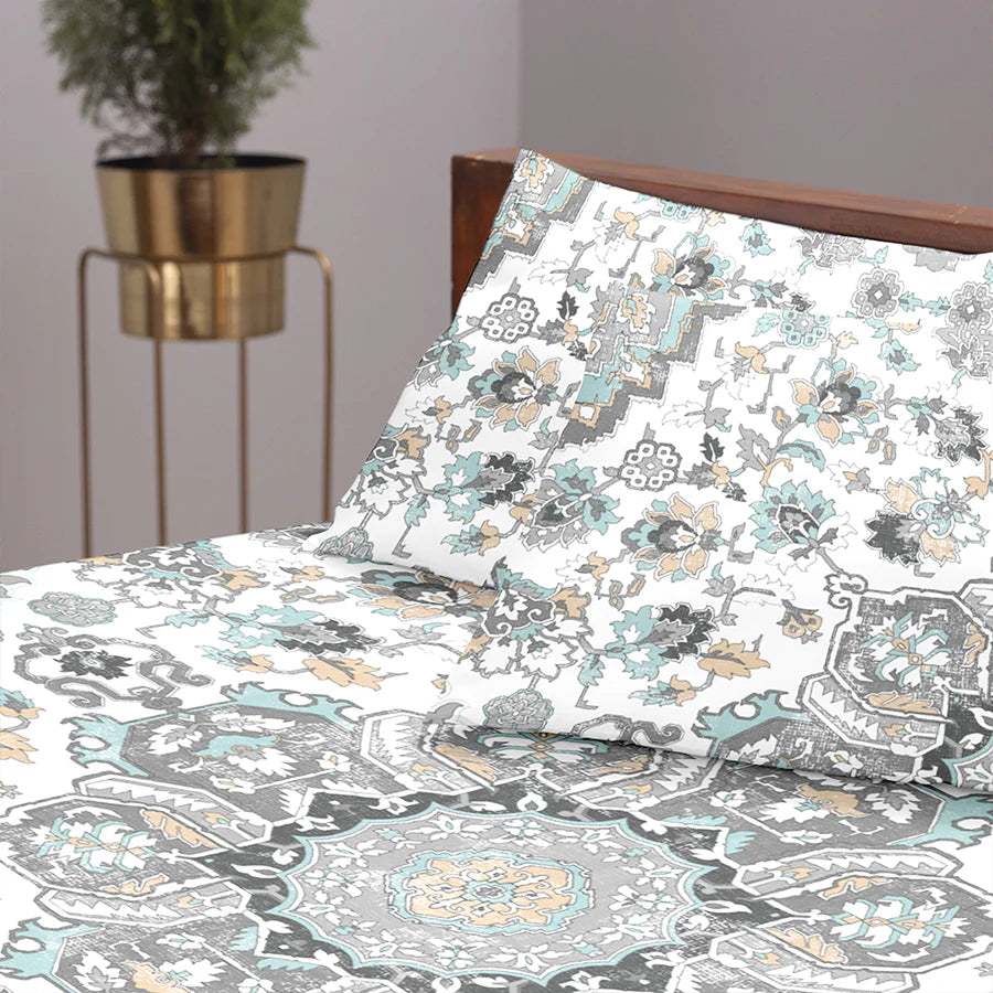 Bedsheet Set - 300TC Medallion Earth - White, Brown - Single & King