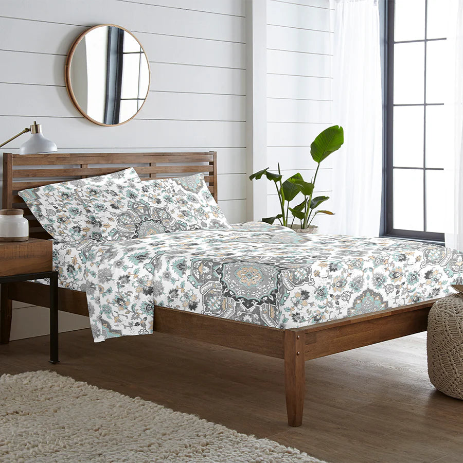 Bedsheet Set - 300TC Medallion Earth - White, Brown - Single & King