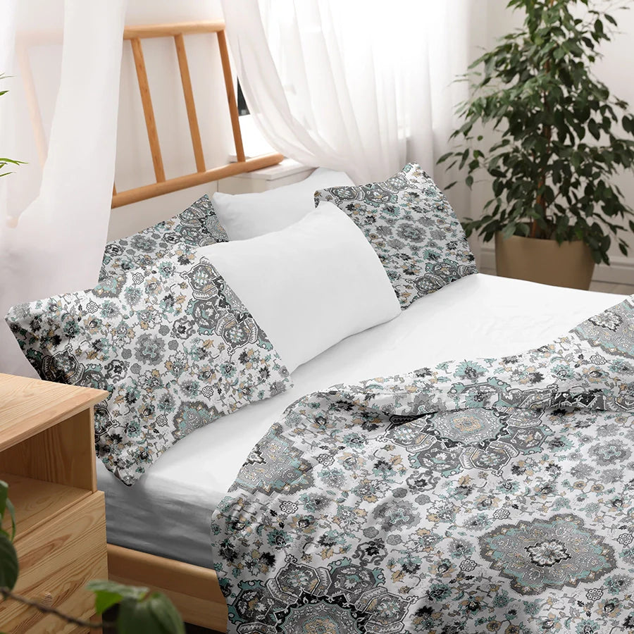 Bedsheet Set - 300TC Medallion Earth - White, Brown - Single & King - Size Single