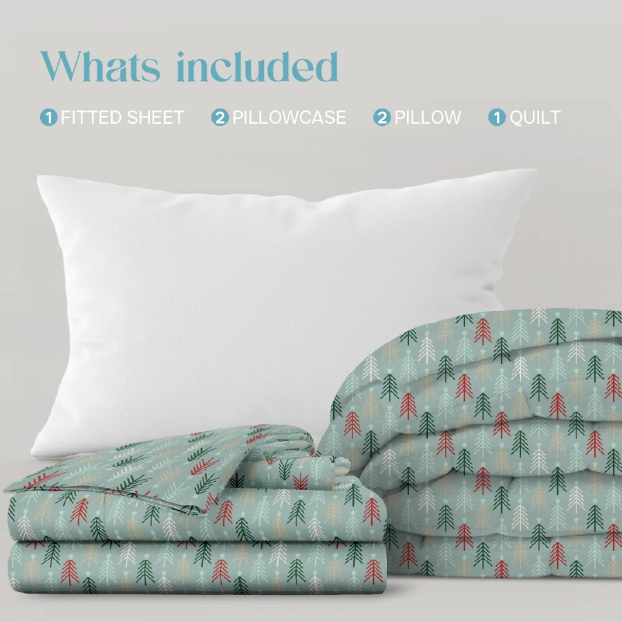 Bedding Bundle - Fitted Sheet Set with Quilt & Pillows - Merry Spurce - Merry Spruce - Queen & King - 200TC