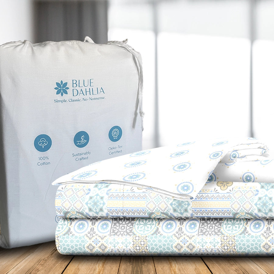 Bedsheet Set - 300TC  Morocco Tiles - Morocco Tiles Aqua, Morocco Tiles Red - Single & King