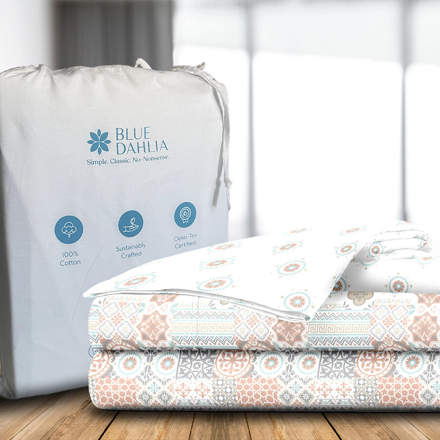 Fitted Sheet Set - 300TC - Morocco Tiles - Morocco Tiles Aqua, Morocco Tiles Red - Queen & King