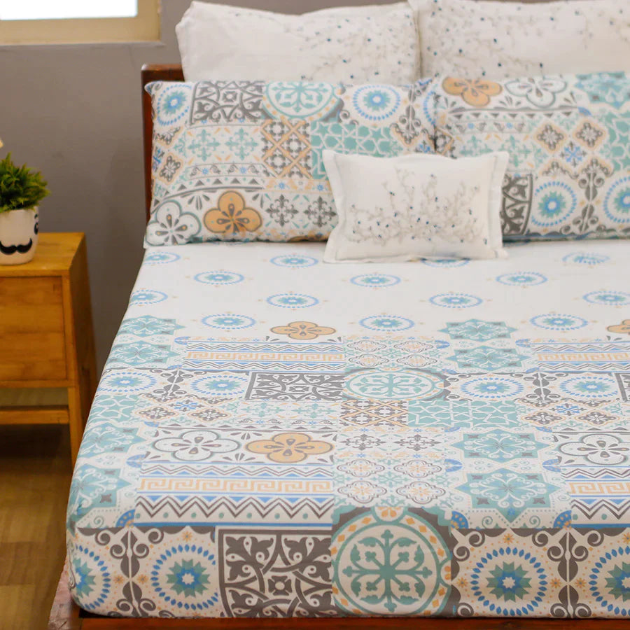 Bedsheet Set - 300TC  Morocco Tiles - Morocco Tiles Aqua, Morocco Tiles Red - Single & King