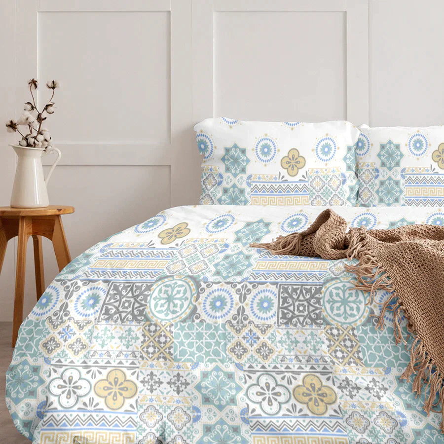 Bedsheet Set - 300TC  Morocco Tiles - Morocco Tiles Aqua, Morocco Tiles Red - Single & King - Size Single