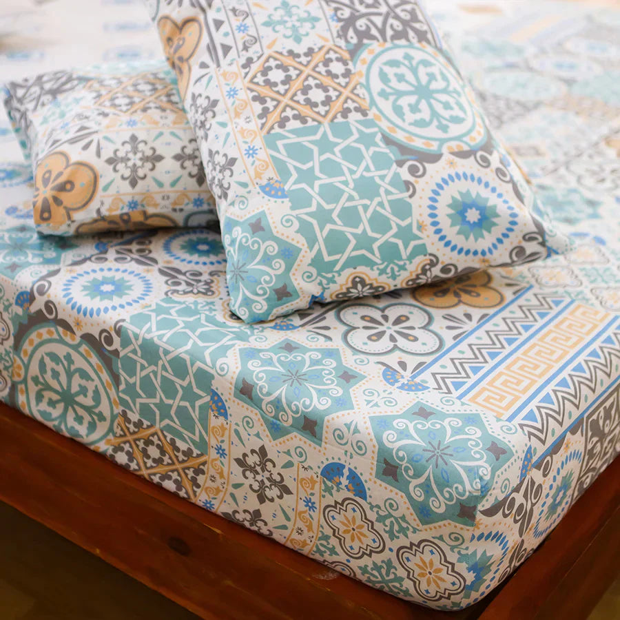 Bedsheet Set - 300TC  Morocco Tiles - Morocco Tiles Aqua, Morocco Tiles Red - Single & King - Size Single