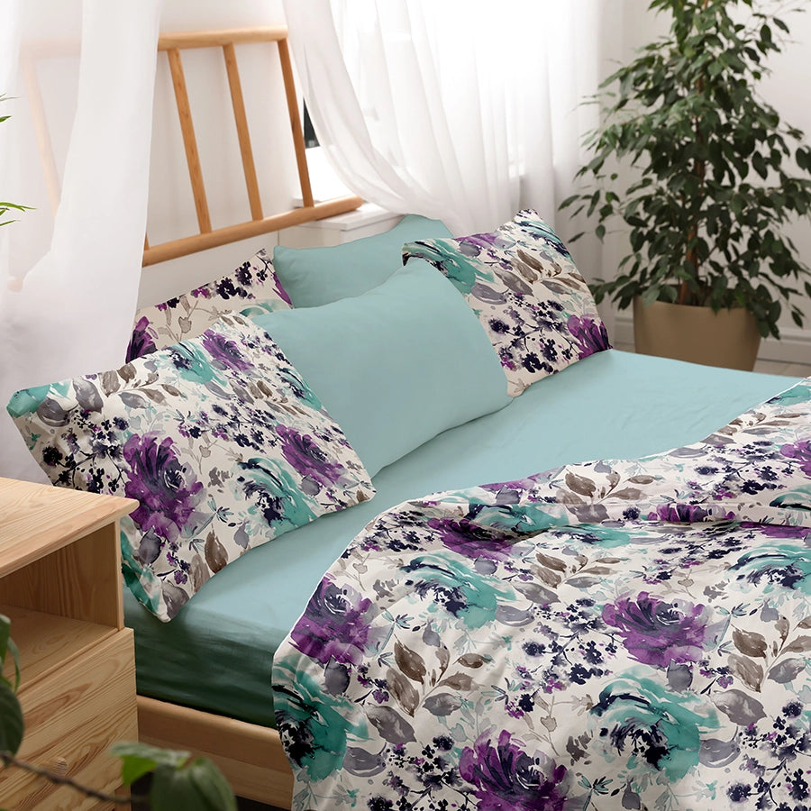 Bedding Bundle - Fitted Sheet Set with Duvet Cover - 300TC Peonies Wisteria Purple - King / Double & Queen / Double