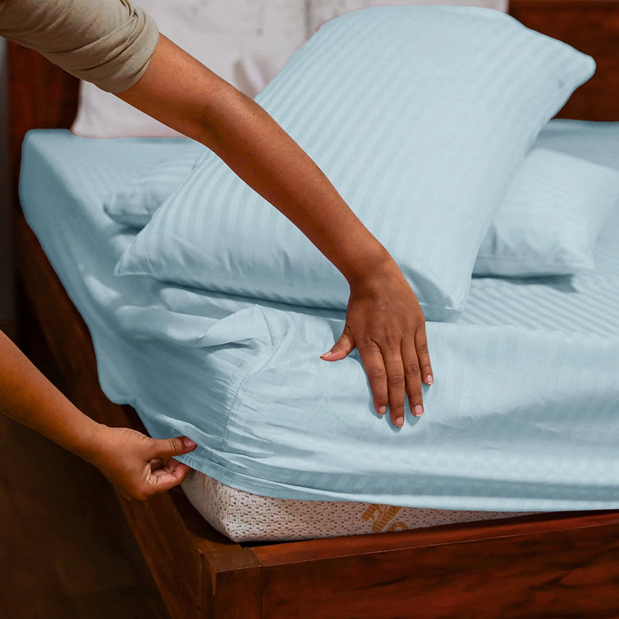 Fitted Sheet Set - 300TC Striped Luxe - Queen & King [Fitted Sheet Set - 300TC Striped Luxe - Pale Blue - Queen & King]