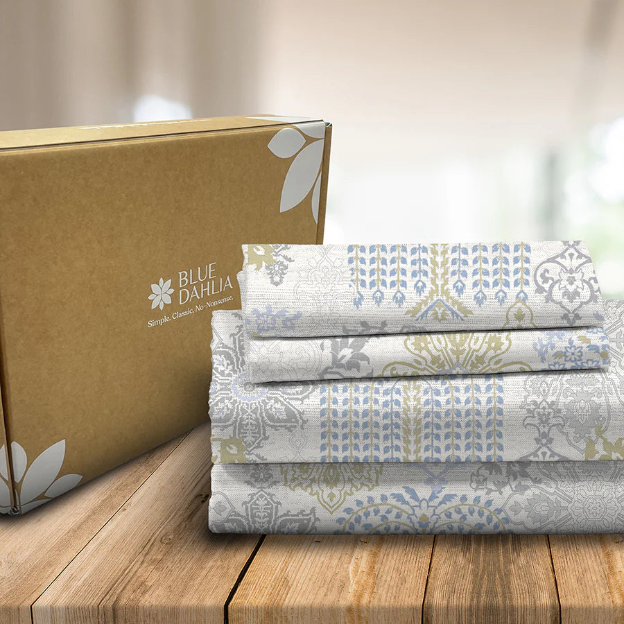 Bedding Bundle - Fitted Sheet Set with Duvet Cover - 300TC Pastel Brocade - Periwinkle Blue - King / Double & Queen / Double