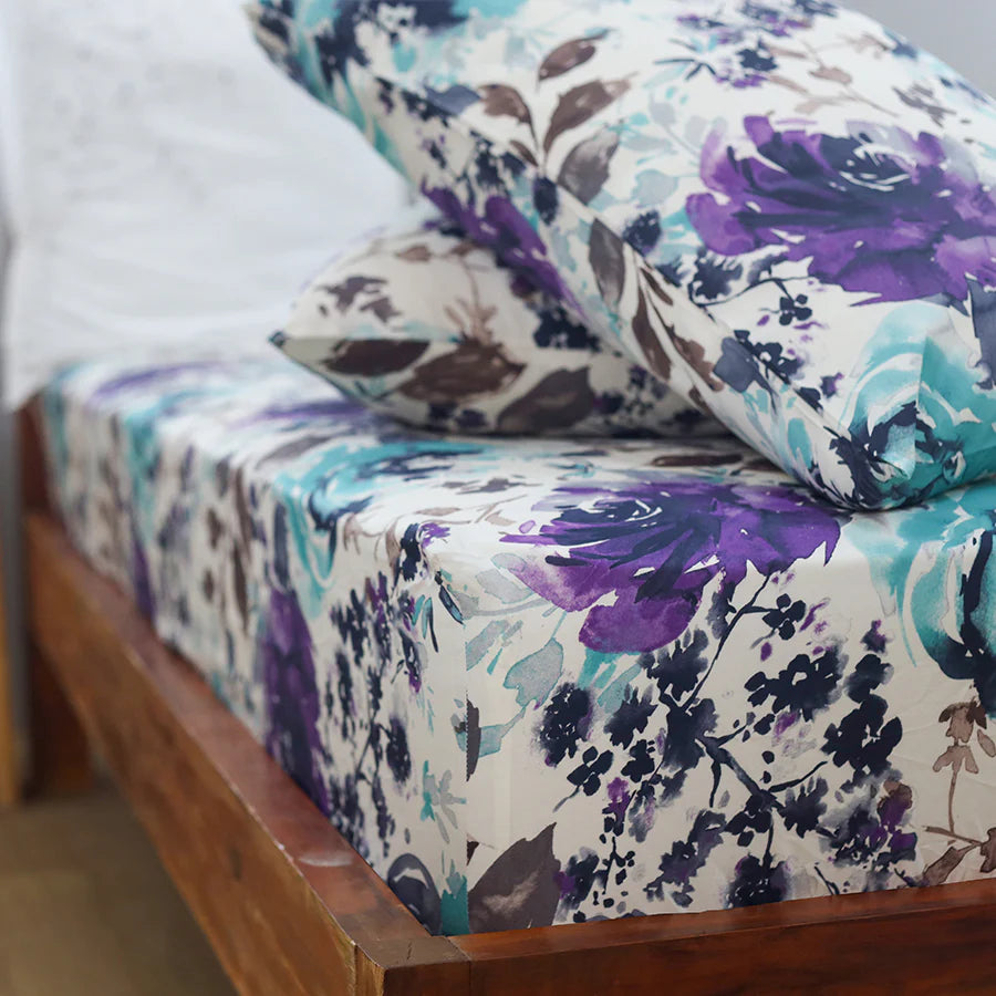 Fitted Set - 300TC Peonies, Wisteria Purple - Queen & King