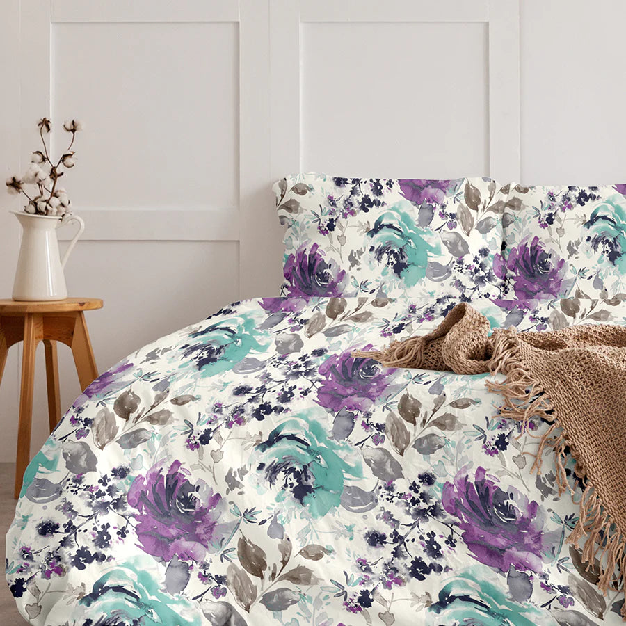 Bedding Bundle - Fitted Sheet Set with Duvet Cover - 300TC Peonies Wisteria Purple - King / Double & Queen / Double