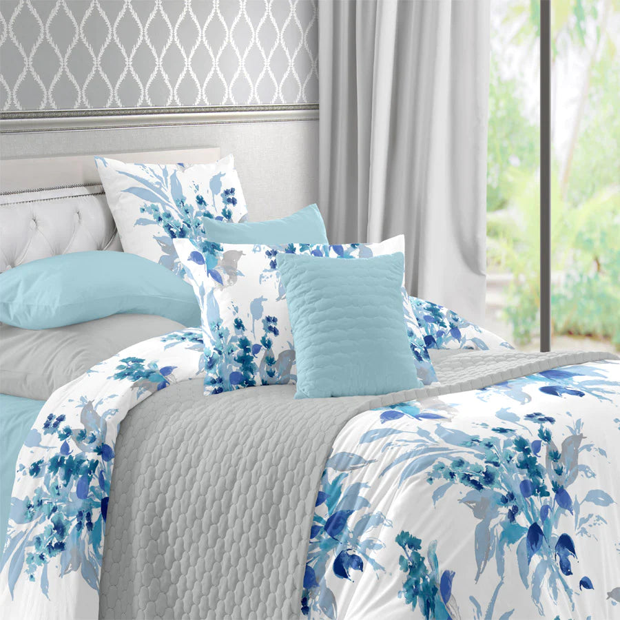 Bedding Bundle - Fitted Sheet Set with Duvet Cover - 300TC Vibrant Snapdragon - Blue - King / Double & Queen / Double