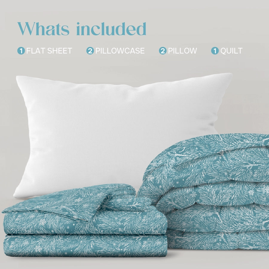 Bedding Bundle - Bedsheet Set with Quilt & Pillows - Snowy Drift - King - 200TC