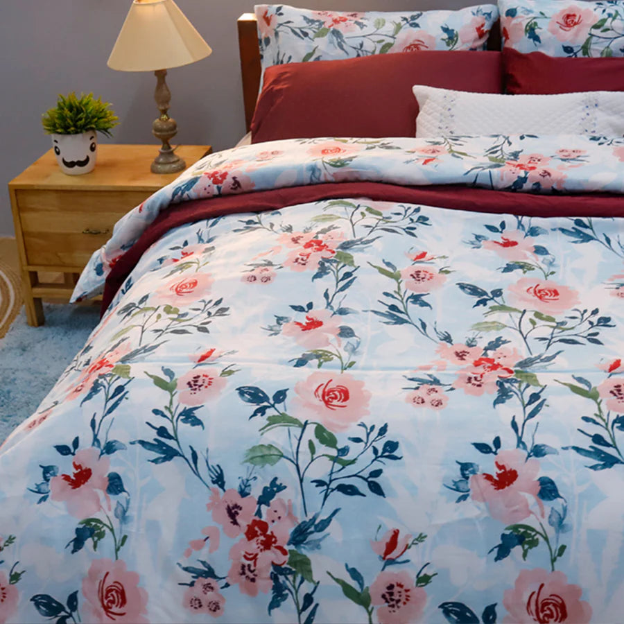 Bedding Bundle - Bedsheet Set with Quilt & Pillows - Soft Camellias - Blush Pink - King/Double - 300TC