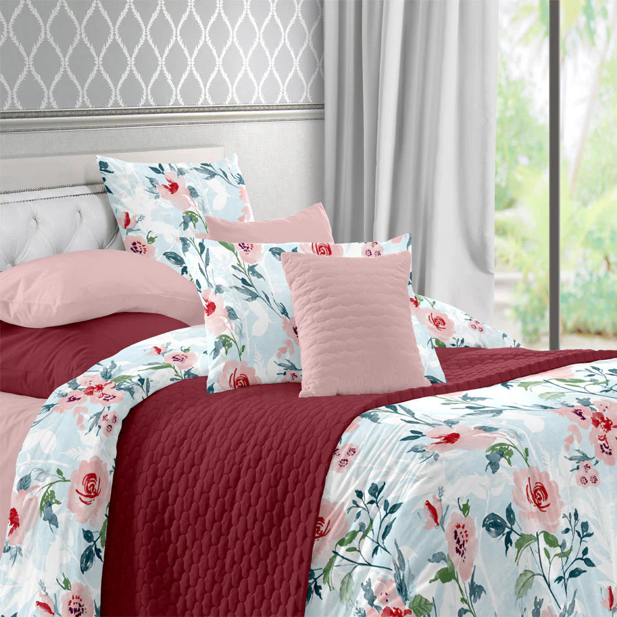 Bedding Bundle - Bedsheet Set with Quilt & Pillows - Soft Camellias - Blush Pink - King/Double - 300TC