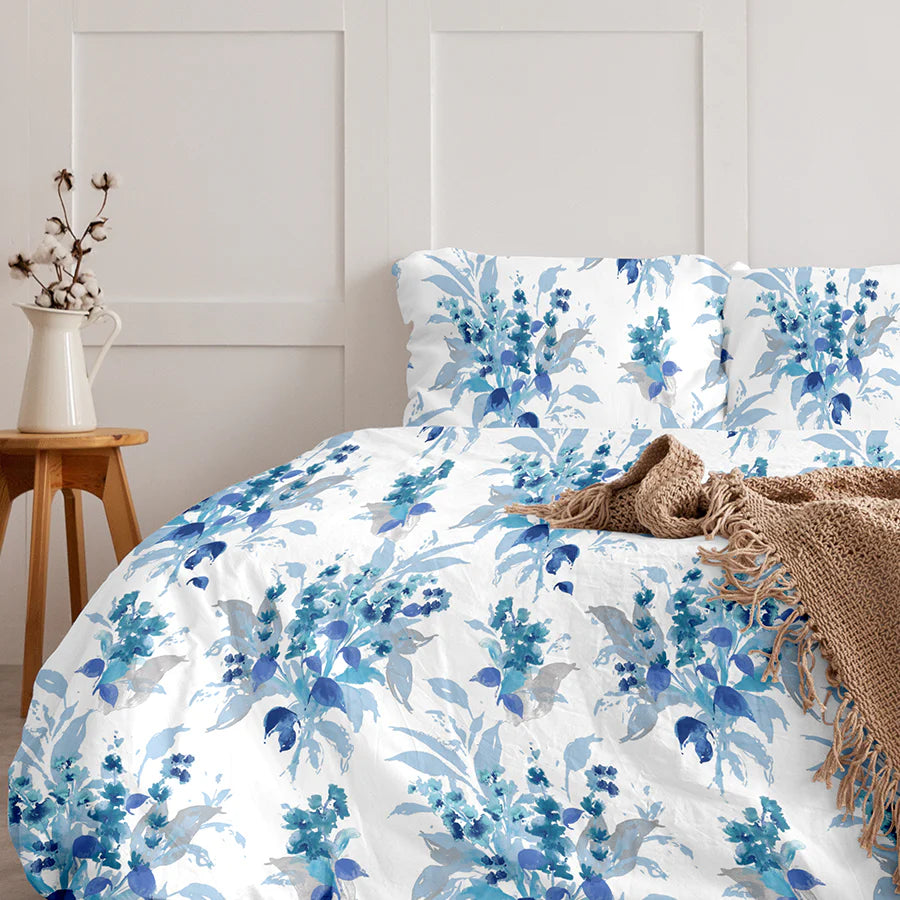 Bedding Bundle - Fitted Sheet Set with Duvet Cover - 300TC Vibrant Snapdragon - Blue - King / Double & Queen / Double