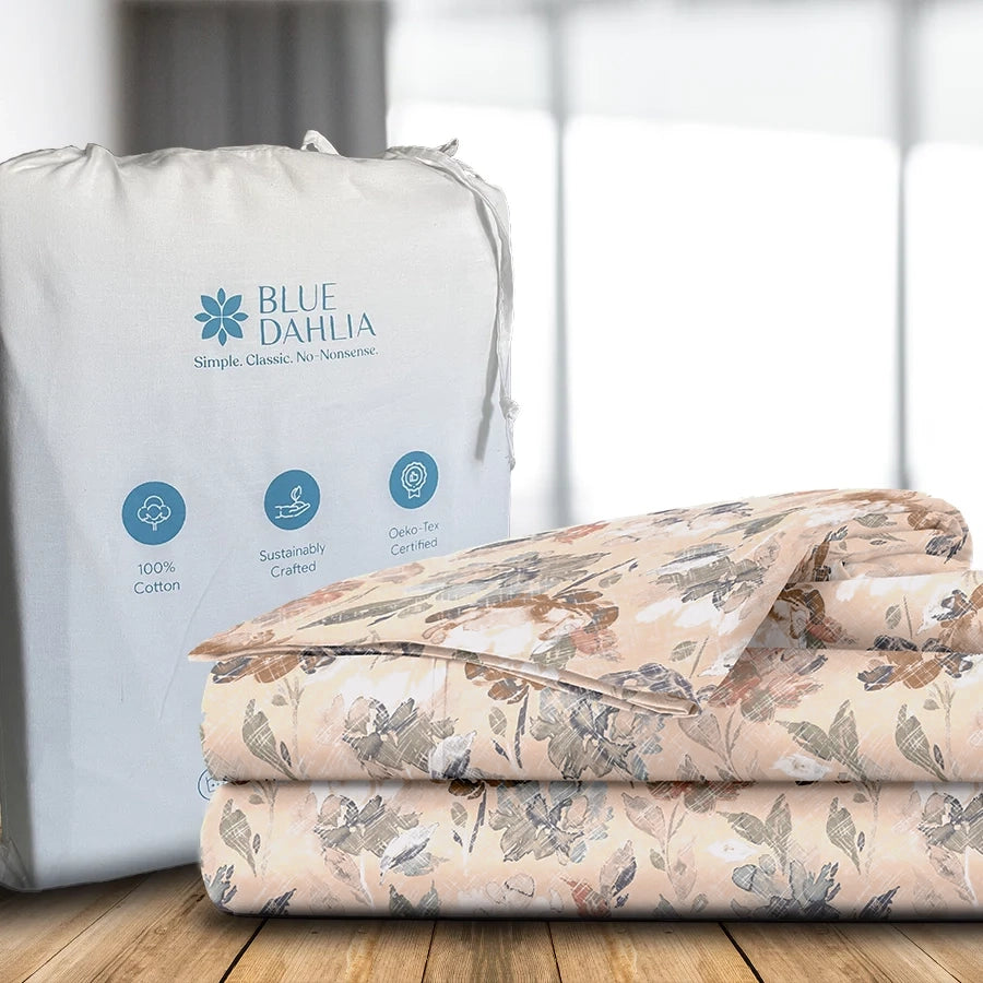 Bedsheet Set - 300TC Vintage Rustic Flowers - Blue, Pearl Beige - Single & King