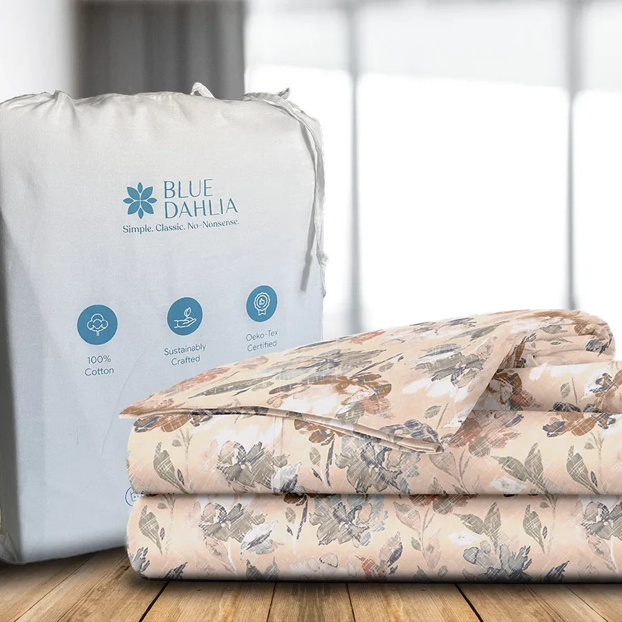 Bedsheet Set - 300TC Vintage Rustic Flowers - Blue, Pearl Beige - Single & King - Size Single
