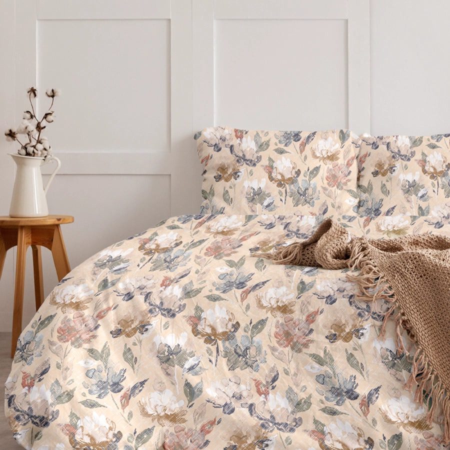 Pillow Cover - Vintage Rustic Flowers - Blue, Pearl Beige - 300TC