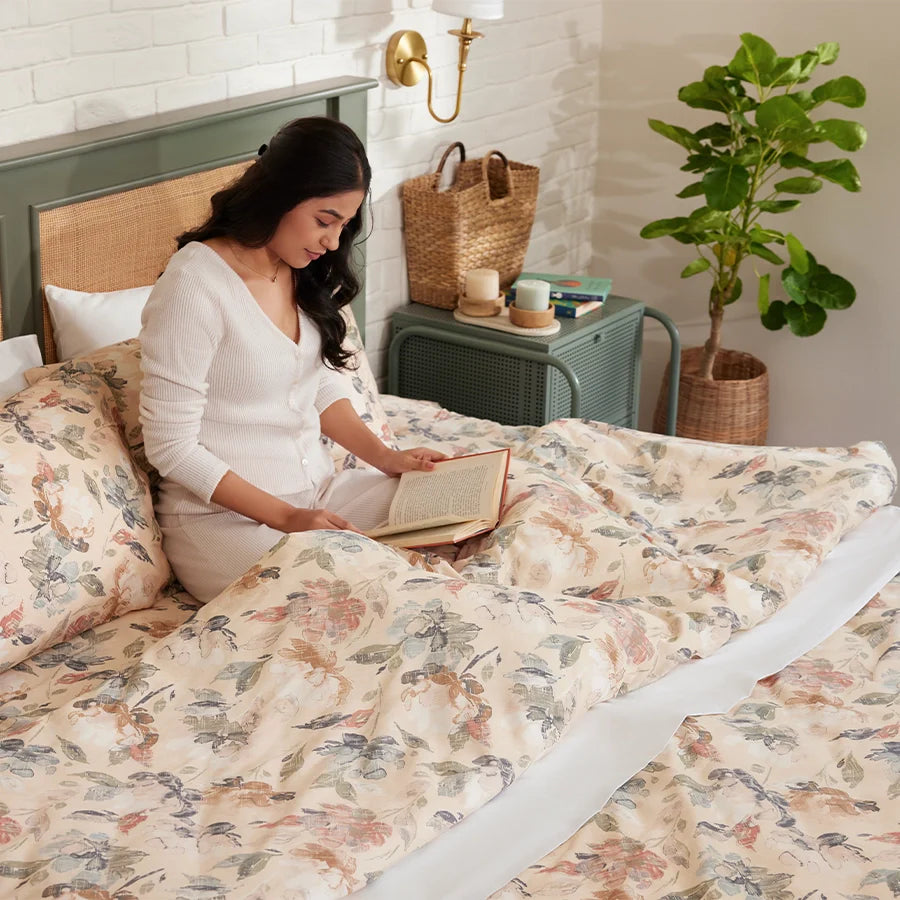 Bedsheet Set - 300TC Vintage Rustic Flowers - Blue, Pearl Beige - Single & King - Size Single