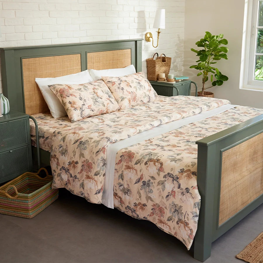 Bedsheet Set - 300TC Vintage Rustic Flowers - Blue, Pearl Beige - Single & King - Size Single