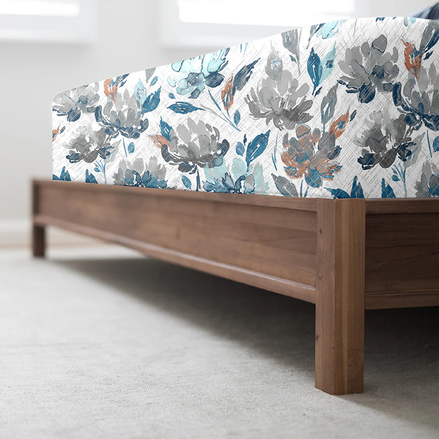 Fitted Set - 300TC Vintage Rustic Flowers - Blue, Pearl Beige - Queen & King