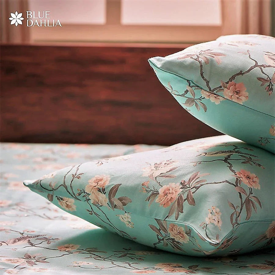 Bedsheet Set - 300TC Cherry Blossom - Mustard Yellow, Green, White - Single & King - Size Single
